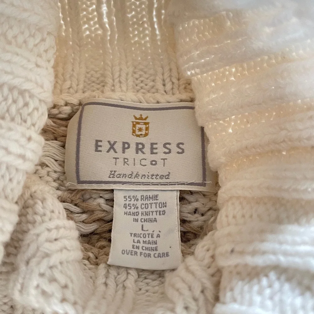 Express Tricot Sweater Womens Large Cream Floral Vintage 90s Hand Knit Mock Neck